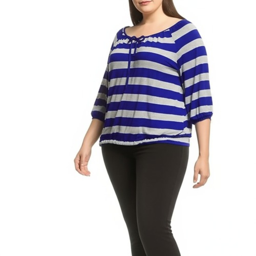 Lane‎ Bryant Womens Top 14/16 Blue Heather Gray Striped 3/4 Sleeve Plus Size
